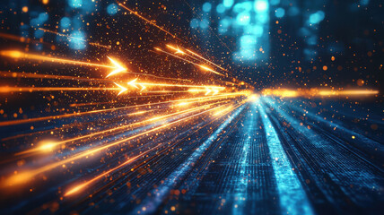 Poster - Radiant arrows in motion create glowing speed trails, illuminating dynamic scene with vibrant colors and sparkling particles, evoking sense of energy and movement