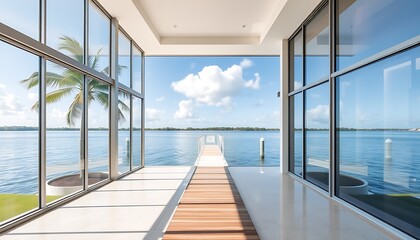 Wall Mural - A spacious waterfront villa wallpaper with large glass windows, a private dock, and palm trees swaying in the breeze, embodying the luxurious lifestyle of Naples, Florida.