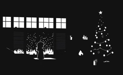 Young girl admiring a beautifully decorated christmas tree in a cozy living room christmas tree silhouette Illustration 