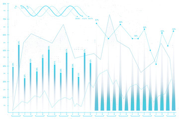 Poster - Abstract financial chart with turquoise bars, lines, and data points on a clean white background. Concept of business trends and analytics