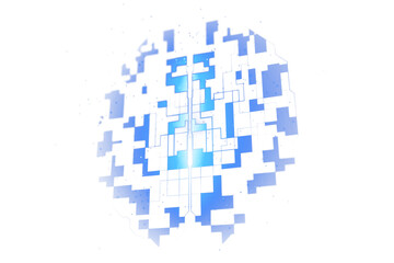 Fototapete - Abstract brain with pixelated blue patterns and network lines on white background. Represents technology, connection, and digital concepts