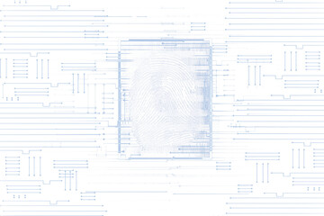 Fototapete - Closeup of a digital fingerprint integrated into a light blue circuit design on a white background. Concept of security and authentication