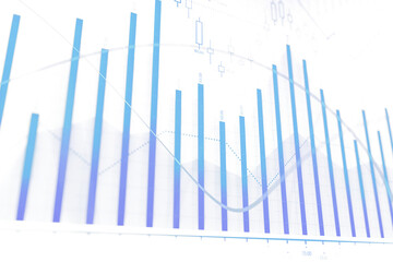 Poster - Abstract financial chart featuring blue bars, candlesticks, and trendlines on a clean white background, ideal for forex or stock market concepts
