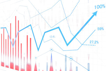 Poster - Financial charts with red bar graphs, blue line graphs, percentages, and dotted lines on a white background. Concept of stock market analysis