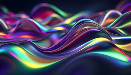 Poster - 3D render of a colorful iridescent holographic background. Colorful abstract liquid waves with a hologram effect, holography, a shiny wavy cloth texture. Abstract fluid holographic iridescent ne