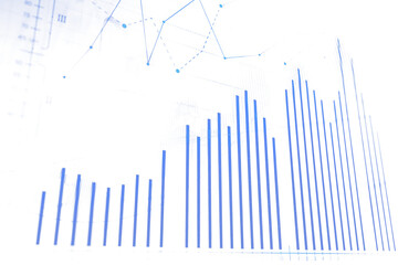 Poster - Blue bar chart and line graph representing financial data on a clean white background. Concept of stock market analysis and business trends