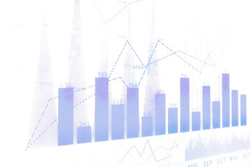 Poster - Modern financial bar and line charts with numerical data points, displayed on a clean white background. Concept of stock market analysis and trends