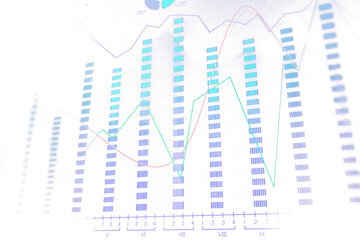 Poster - Financial charts with lines and bars in blue, green, and red on a white background, representing economic data and analysis concepts