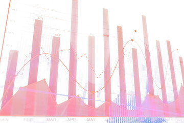 Poster - Abstract red-toned financial bar and line charts with percentages and trends, overlayed on a white background. Represents data analysis and business
