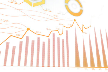 Wall Mural - Business charts and graphs in orange tones showing data trends with percentages, isolated on white background, representing stock market analysis