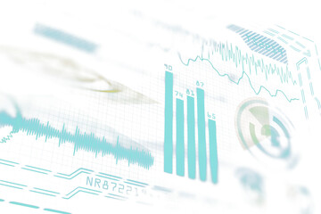 Poster - Abstract visualization of financial charts, bar graphs, and data grids. White background, clean layout. Concept of business, analysis, finance
