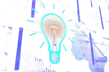 Poster - Lightbulb illustration with energy text, glowing blue lines, overlaid on white background with abstract data visualizations. Concept of innovation