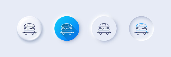 Poster - food delivery line icon. neumorphic, blue gradient, 3d pin buttons. cheeseburger meal sign. catering