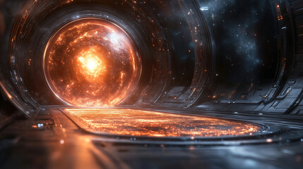 Poster - Vibrant star emerging from a futuristic portal with glowing molten surface details. Generative AI
