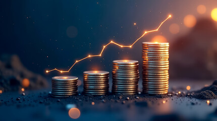 Poster - Stacked coins show financial growth as a glowing line indicates achievement against a dark backdrop with highlights