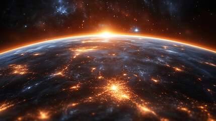 Poster - Stunning view of Earth's illuminated cities beneath a cosmic sunrise in the vastness of space. Generative AI