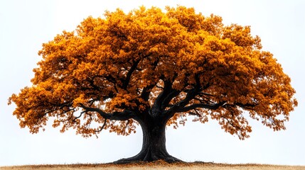 Wall Mural - A solitary oak tree with vibrant golden leaves against a white background