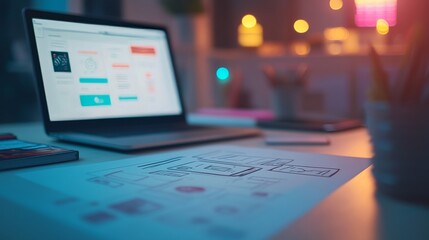 Creative Design Sketches on a Laptop Workspace