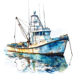 Wall Mural - Watercolor Painting of a Rusted Fishing Trawler at Sea.