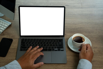 Poster - Side view man man working using a desktop computer of the blank screen