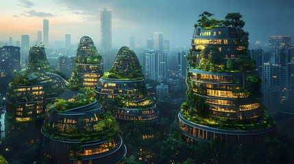 Aufkleber - Sustainable urban architecture futuristic cityscape architectural design eco-friendly environment aerial view green living concept
