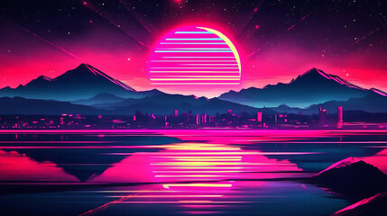 Wall Mural - Captivating synthwave cityscape in vibrant colors. 