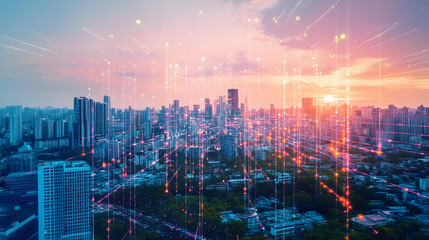Poster - a city skyline with digital data streams representing internet connectivity and smart city technolog
