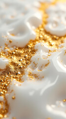 Poster - Small gold facets glisten on a polished white surface, showcasing texture and elegance for a captivating look
