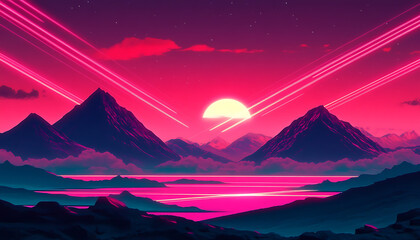 Wall Mural - Vibrant digital painting depicting futuristic mountains.