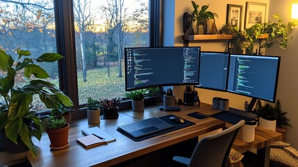 Wall Mural - Cozy home office with dual monitors, plants, and autumnal window view.