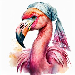 Wall Mural - illustration of a flamingo with headscarf on painted watercolor drawing isolated on white background