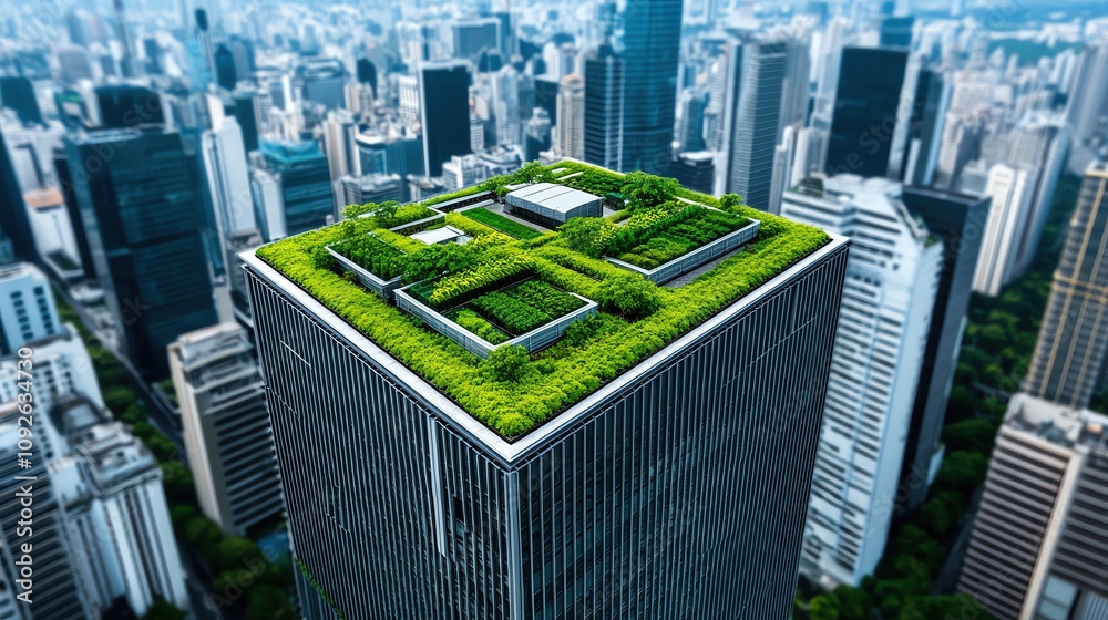 Aerial view of a modern skyscraper with a lush green rooftop garden ...