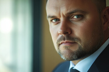 Wall Mural - Businessman with a calm expression, standing near a conference table