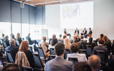 Wall Mural - interview and round table discussion at business convention and presentation. audience at the confer