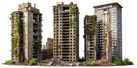 Ruined Skyscrapers Isolated on  Background - Urban Decay Concept in PNG Format for Creative Projects and Design Use