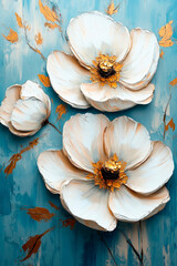 Wall Mural - White 3D flowers with gold accents on a blue background, Painting done with oil paints