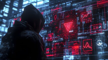 Aufkleber - Hacker analyzing data streams cyber city digital art high-tech environment close-up view cybersecurity concept
