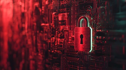 Fototapete - Cybersecurity lockdown digital realm visual concept red-toned environment close-up view data protection