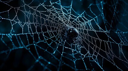 Poster - Spider web glistening in dew forest nature photography macro lens close-up serenity