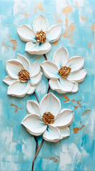 Wall Mural - White 3D flowers with gold accents on a blue background, Painting done with oil paints