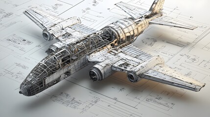 Aufkleber - Aircraft design blueprint aerospace workshop technical illustration engineering space top-down view innovative concepts