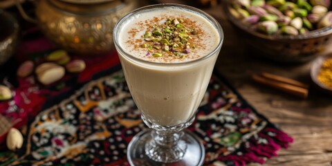 A creamy glass of sahlab, topped with cinnamon powder and crushed pistachios, cozy setting