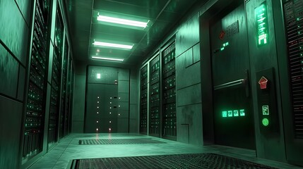 Poster - Data center operations high-tech facility digital infrastructure modern environment interior perspective cybersecurity concept