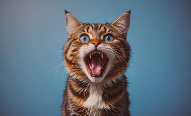Poster - Cat with blue eyes and a mouth open. The cat is sitting on a blue surface. The cat has a black nose