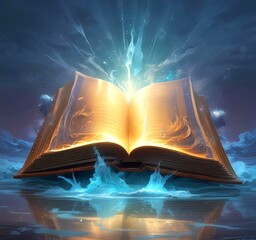 Wall Mural - Illustration of glowing magic spell book with sparks and lights.