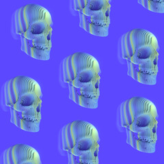 Leinwandbilder - Colorful 3d rendering skulls formed by a series of colored stripes on a bright blue background. Digital illustration