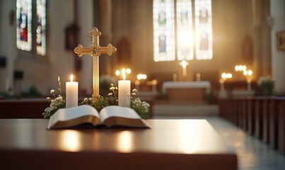 Canvas Print - Open bible, cross, candles on altar in church.