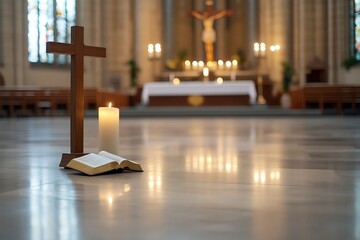 Canvas Print - Open bible, cross, candle in church.