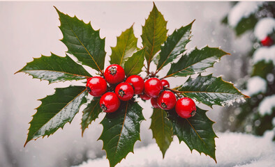Poster - Branch of holly berries with snow on it. The berries are red and green. The snow is white