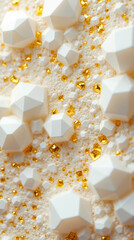 Poster - An intricate surface displays numerous small triangular and polygonal facets, capturing light in golden reflections